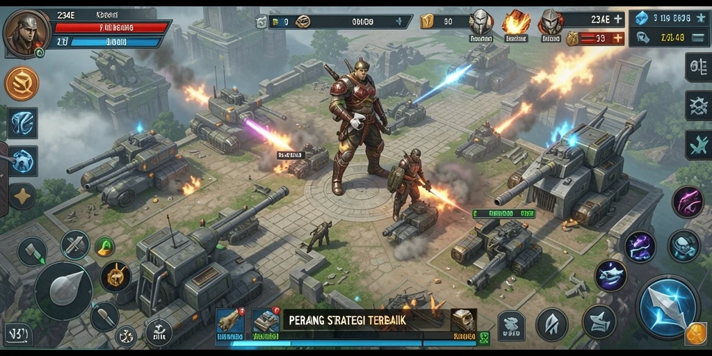 Screenshot gameplay 234E yang menunjukkan pertempuran strategis.