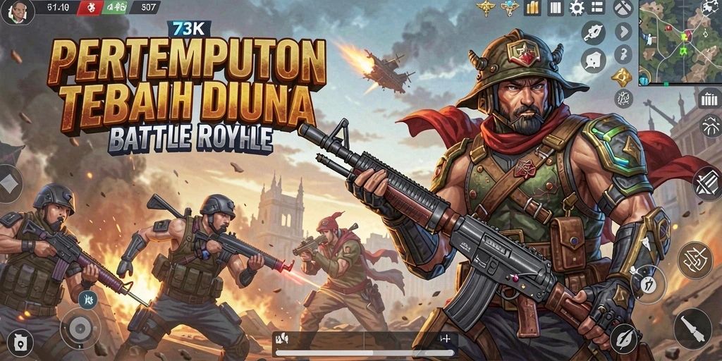 Screenshot gameplay 73K menampilkan pertempuran seru di arena Battle Royale.