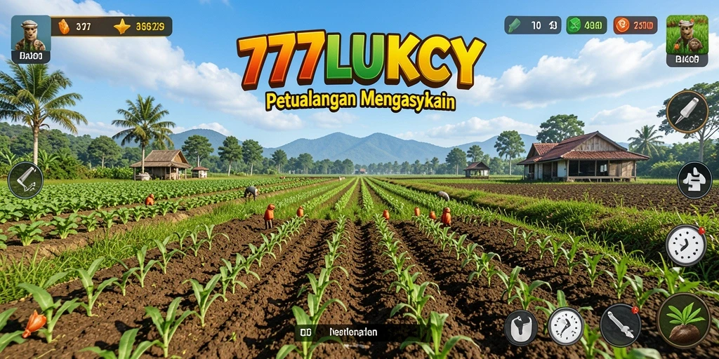 Screenshot gameplay 777LUKCY menampilkan ladang yang subur dan berbagai tanaman.