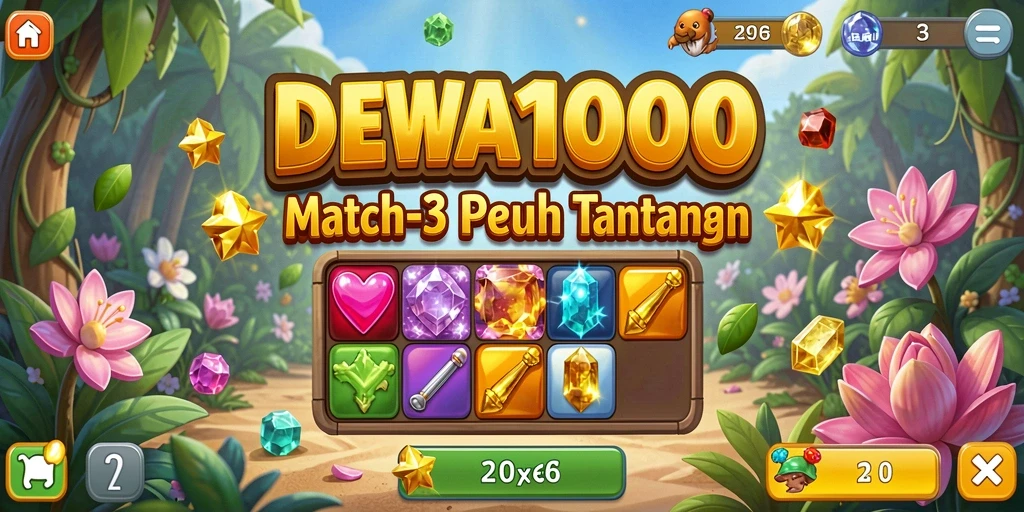 Screenshot DEWA1000 menampilkan gameplay penuh warna Match-3.
