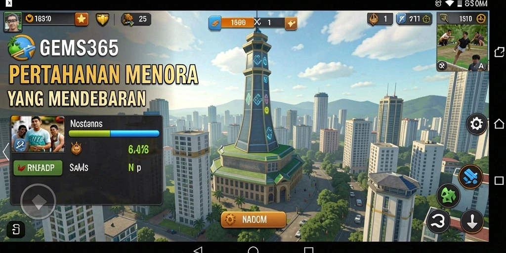 Screenshot gameplay GEMS365 yang menunjukkan menara dan musuh.