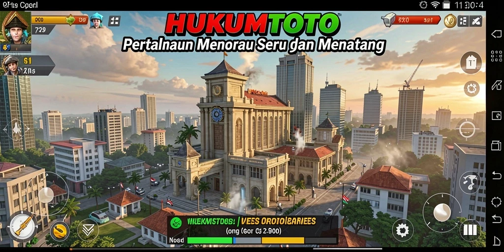 Screenshot HUKUMTOTO menampilkan aksi pertahanan menara yang mengasyikkan.