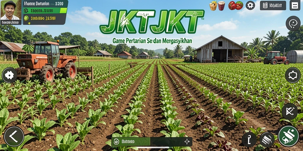 Screenshot utama JKTJKT menampilkan kebun yang penuh tanaman hijau dan alat pertanian.