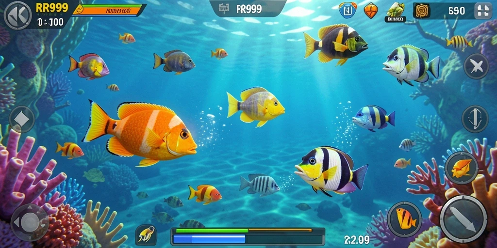 Screenshot gameplay RR999 menampilkan aksi seru Tembak Ikan.
