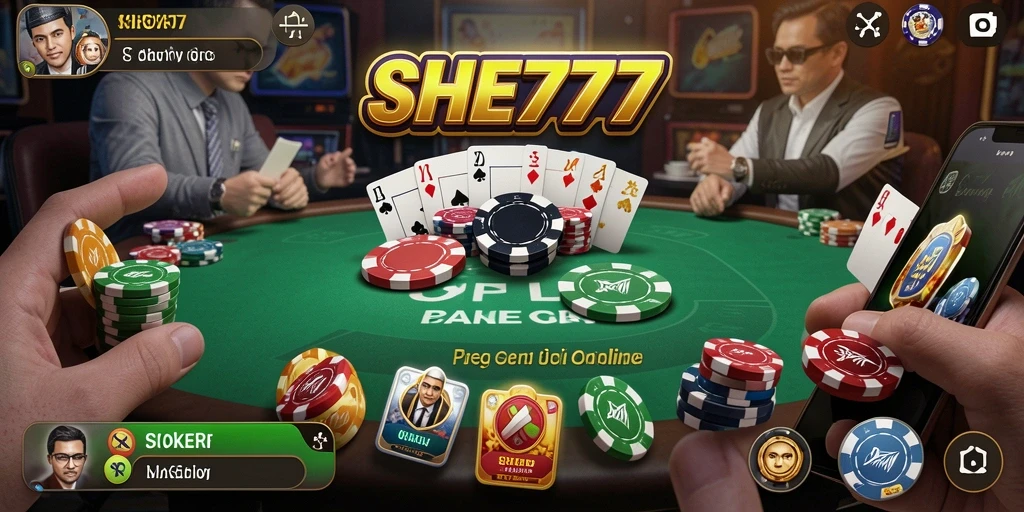 Screenshot utama SHE777 menunjukkan serunya gameplay Poker.