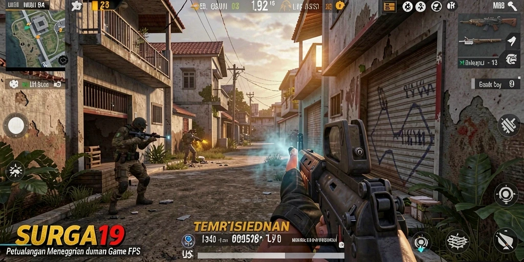 Tampilan aksi mendebarkan di SURGA19 dengan gameplay FPS yang intens.