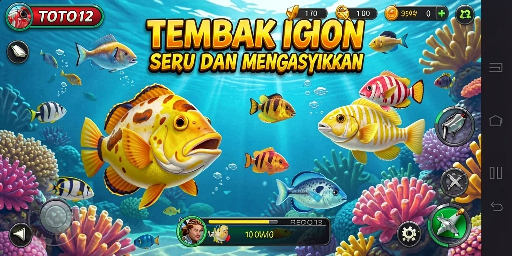 Screenshot utama TOTO12 menampilkan aksi tembak ikan yang seru.