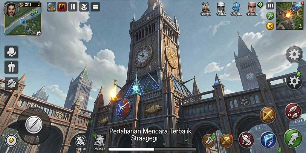 Screenshot gameplay ZK3 yang menunjukkan serangan menara terhadap musuh.